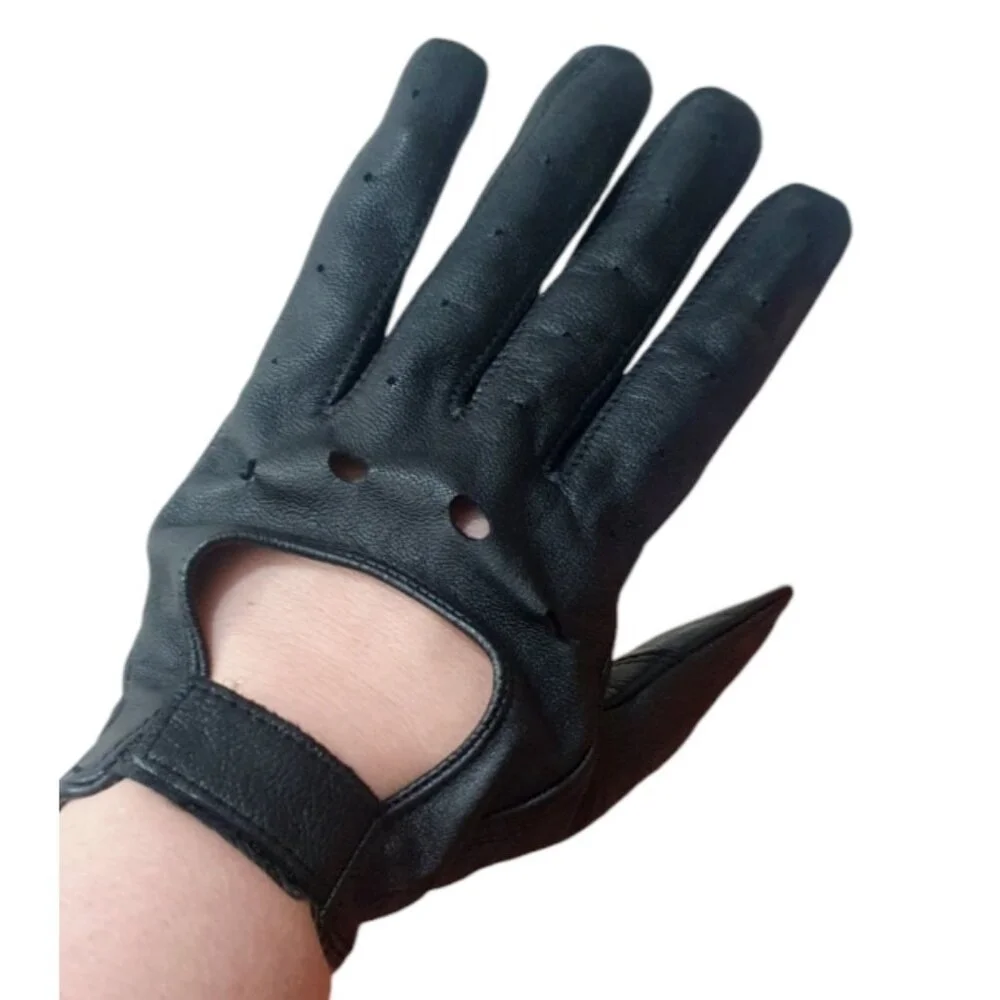 Vintage - Ladies Women's Black Genuine Leather Gloves Size Large Xs Front Strap